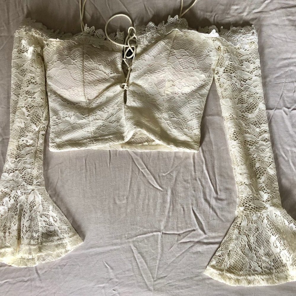 Cropped Lacey Off the Shoulder Top Flare Sleeves